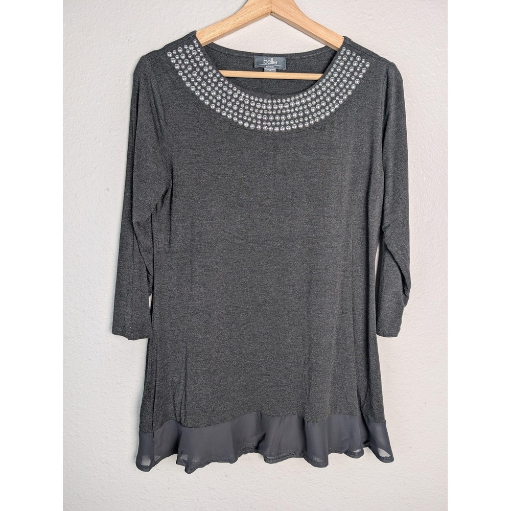 Belle By Belldini Tunic Blouse Womens M Gray 3/4 Sleeve‎ Beaded Studded Ruffle